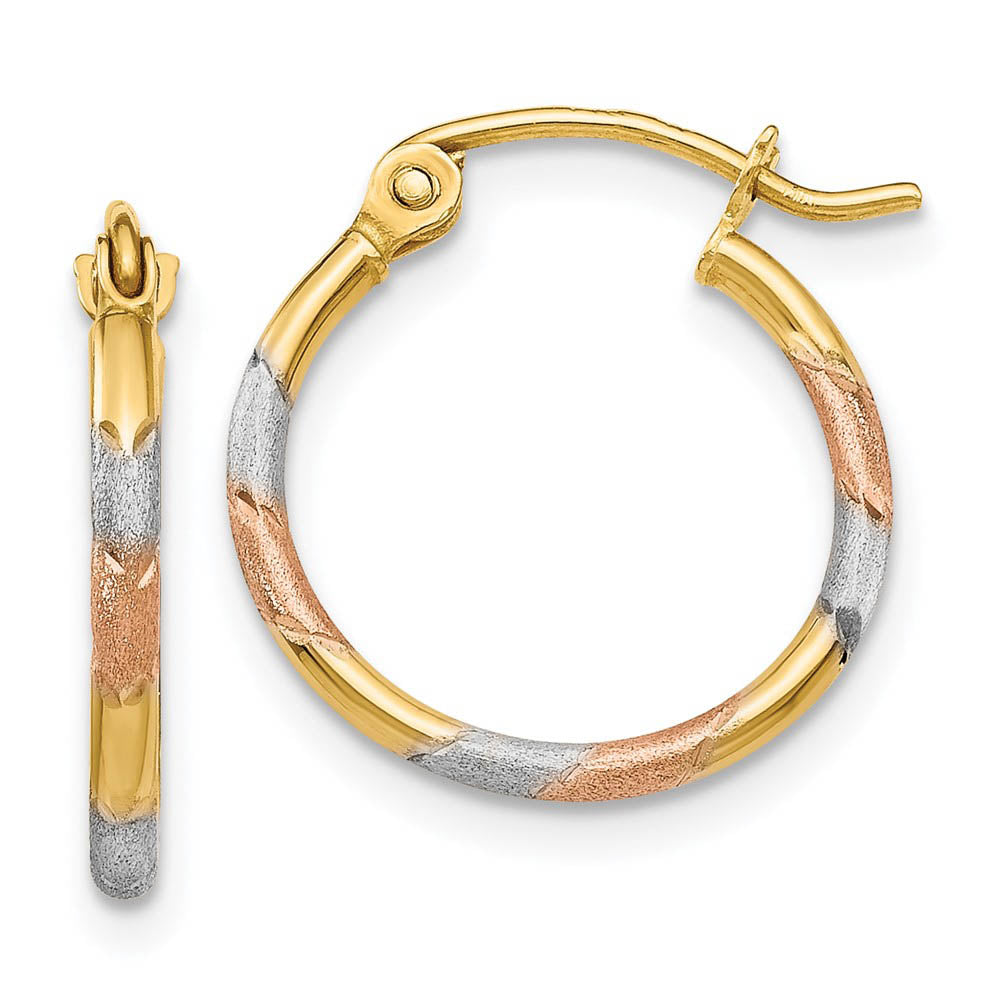 1.5mm, Tri-Color Round Hoops in 14k Yellow Gold and Rhodium, 15mm, Item E9839 by The Black Bow Jewelry Co.