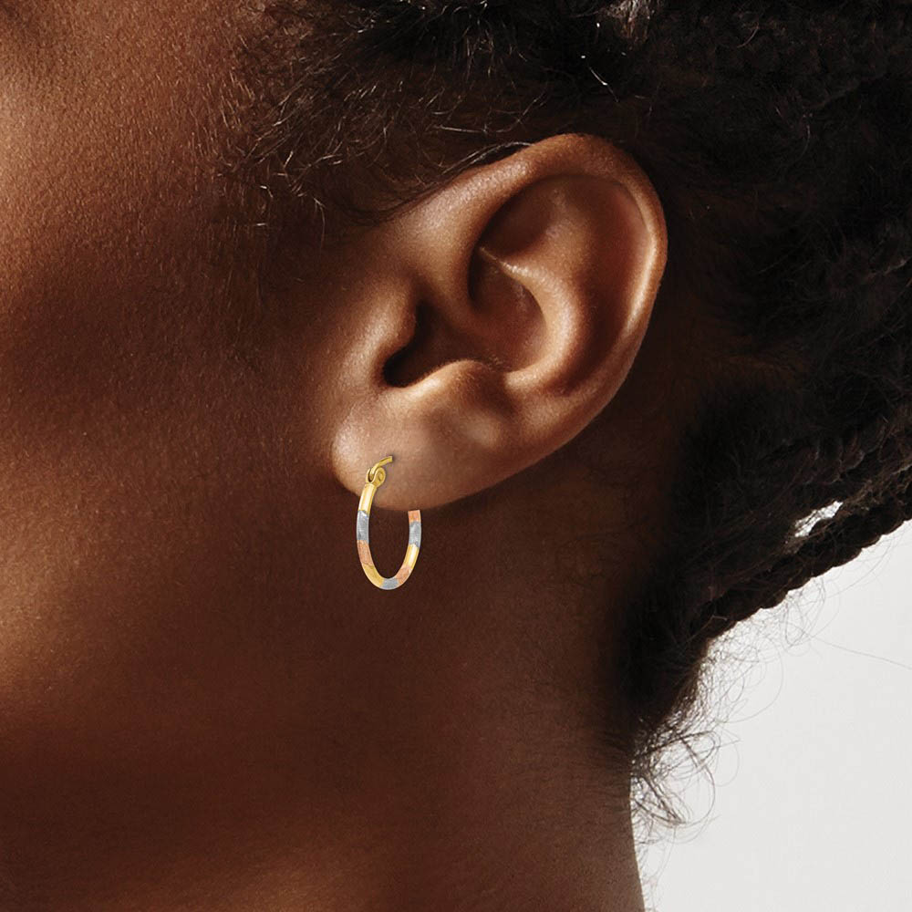 Alternate view of the 1.5mm, Tri-Color Round Hoops in 14k Yellow Gold and Rhodium, 15mm by The Black Bow Jewelry Co.
