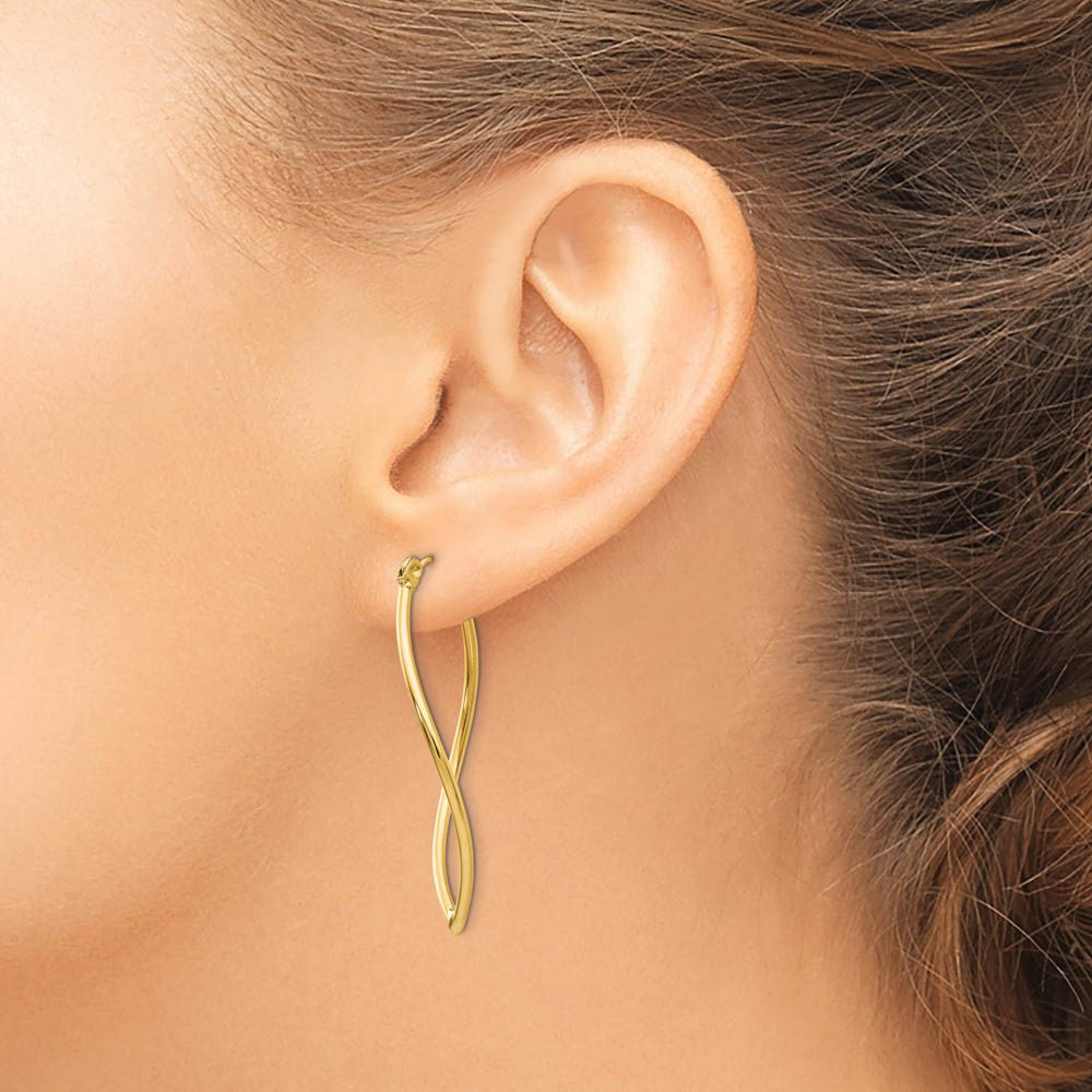 Alternate view of the Fancy Hoop Earrings in 14k Yellow Gold, 35mm (1 3/8 Inch) by The Black Bow Jewelry Co.