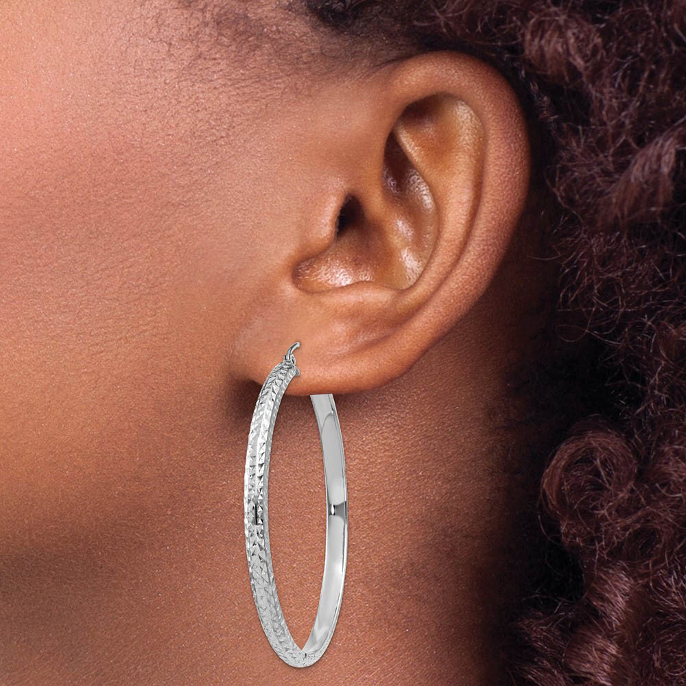 Alternate view of the 3.5mm, Diamond Cut 14k White Gold Round Hoop Earrings, 46mm (1 3/4 In) by The Black Bow Jewelry Co.