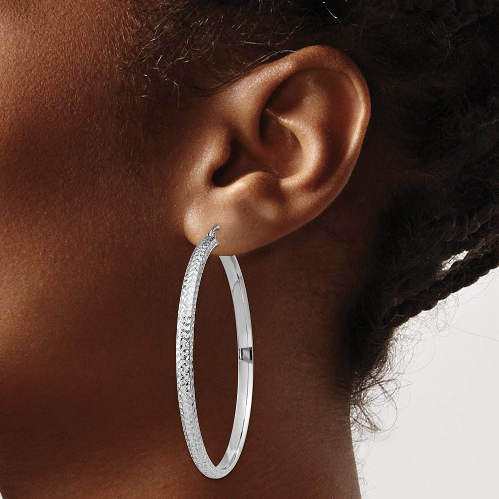 Alternate view of the 3.5mm, Diamond Cut 14k White Gold Round Hoop Earrings, 52mm (2 Inch) by The Black Bow Jewelry Co.