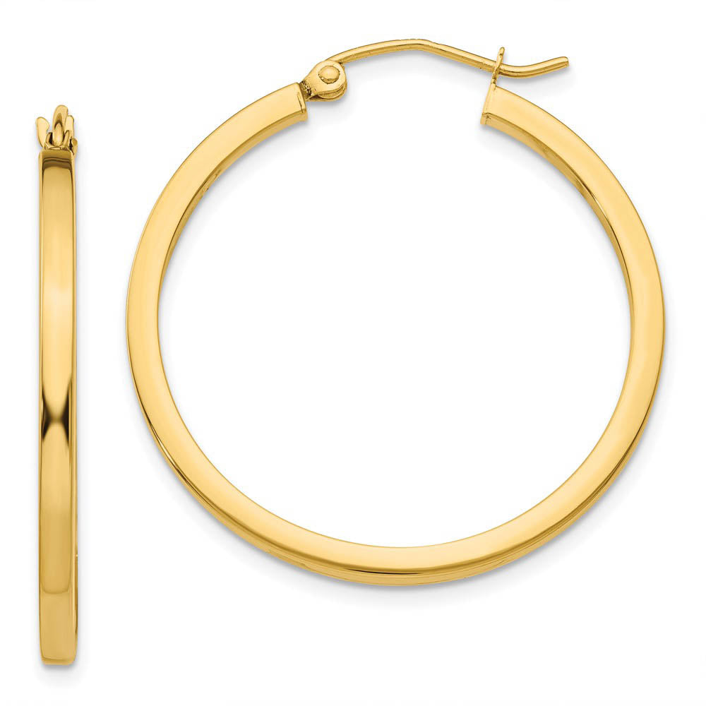 2mm, 14k Yellow Gold, Polished Square Tube Hoops, 30mm (1 1/8 Inch), Item E9873 by The Black Bow Jewelry Co.