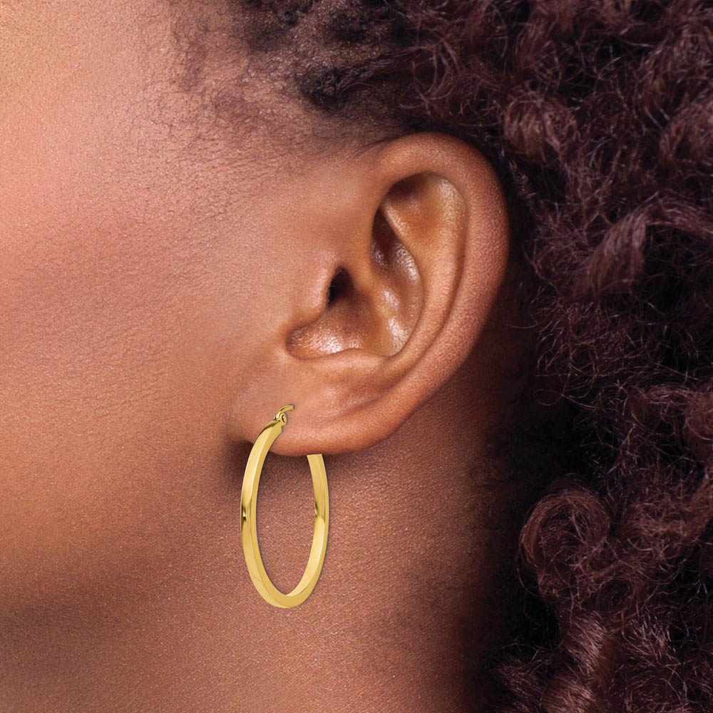 Alternate view of the 2mm, 14k Yellow Gold, Polished Square Tube Hoops, 30mm (1 1/8 Inch) by The Black Bow Jewelry Co.