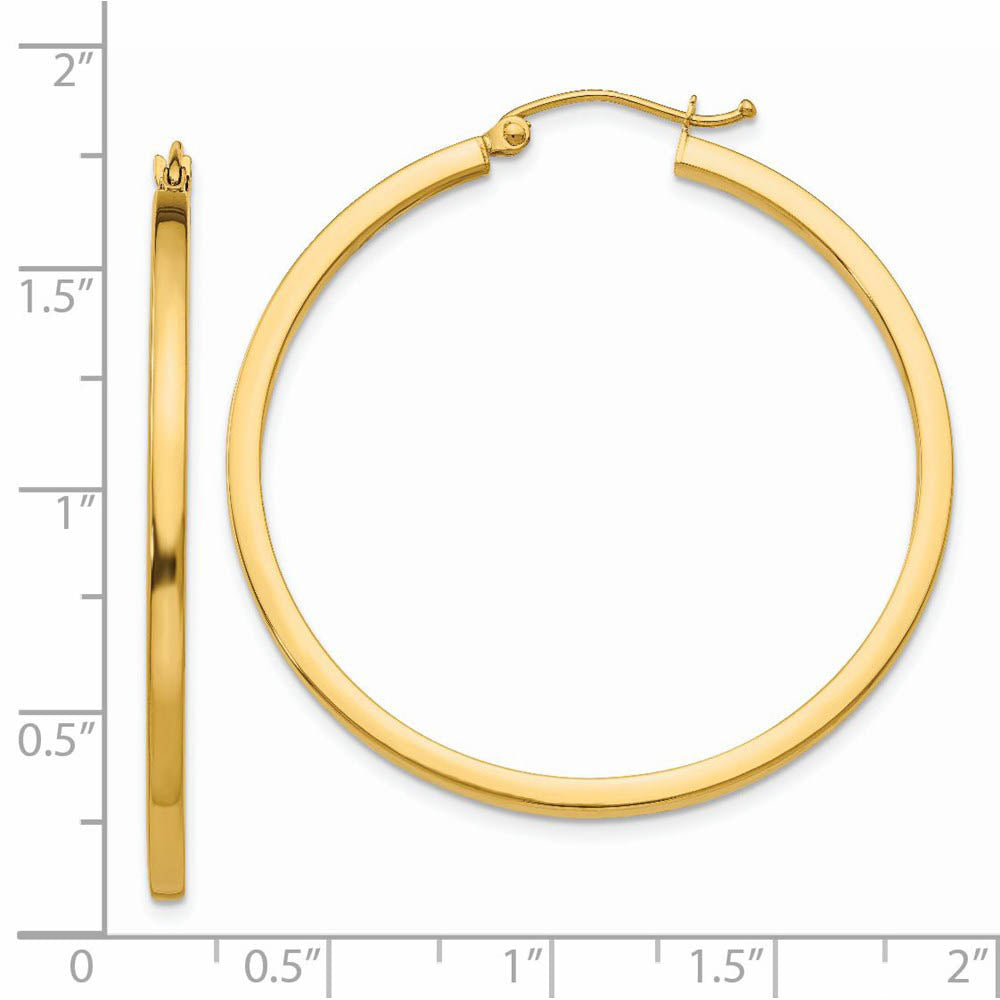 Alternate view of the 2mm, 14k Yellow Gold Square Tube Round Hoop Earrings, 40mm (1 1/2 In) by The Black Bow Jewelry Co.