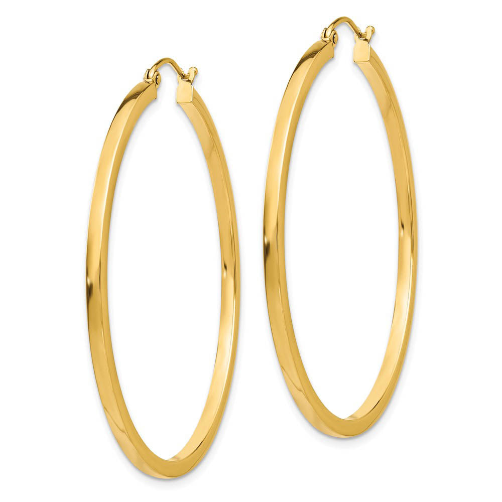 Alternate view of the 2mm, 14k Yellow Gold Square Tube Round Hoop Earrings, 45mm (1 3/4 In) by The Black Bow Jewelry Co.