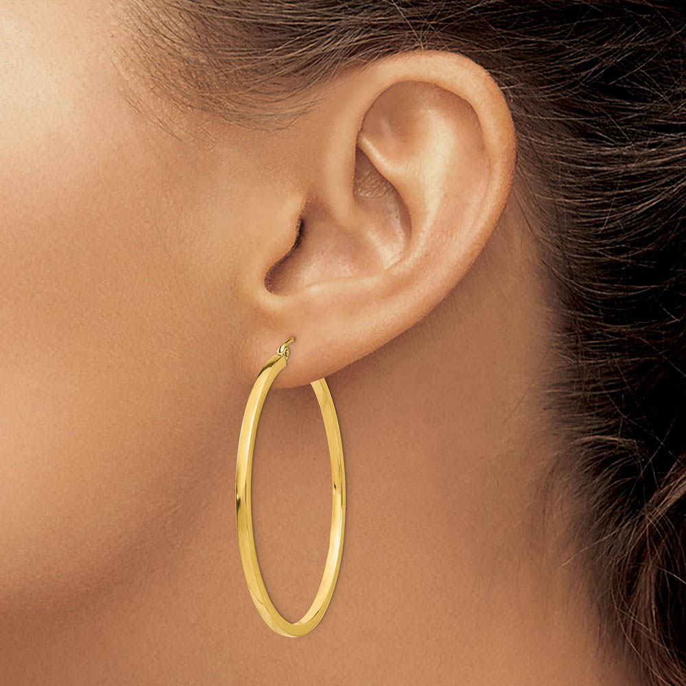 Alternate view of the 2mm, 14k Yellow Gold Square Tube Round Hoop Earrings, 45mm (1 3/4 In) by The Black Bow Jewelry Co.