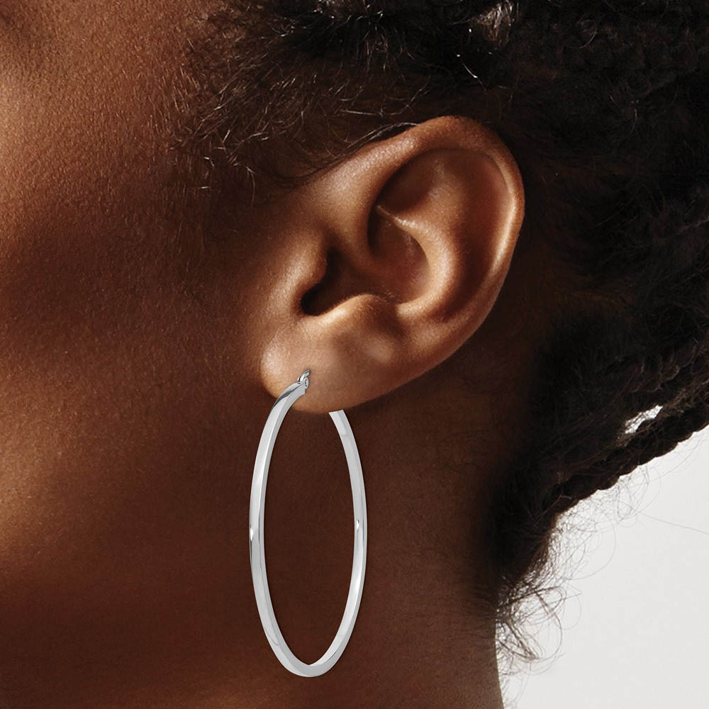 Alternate view of the 2mm, 14k White Gold Square Tube Round Hoop Earrings, 50mm (1 7/8 Inch) by The Black Bow Jewelry Co.