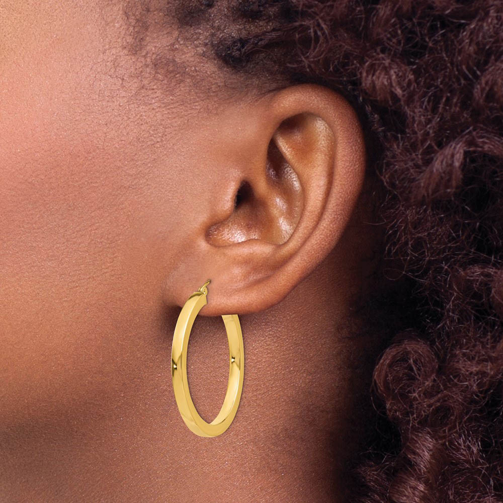 Alternate view of the 3mm, 14k Yellow Gold Square Tube Round Hoop Earrings, 35mm (1 3/8 In) by The Black Bow Jewelry Co.