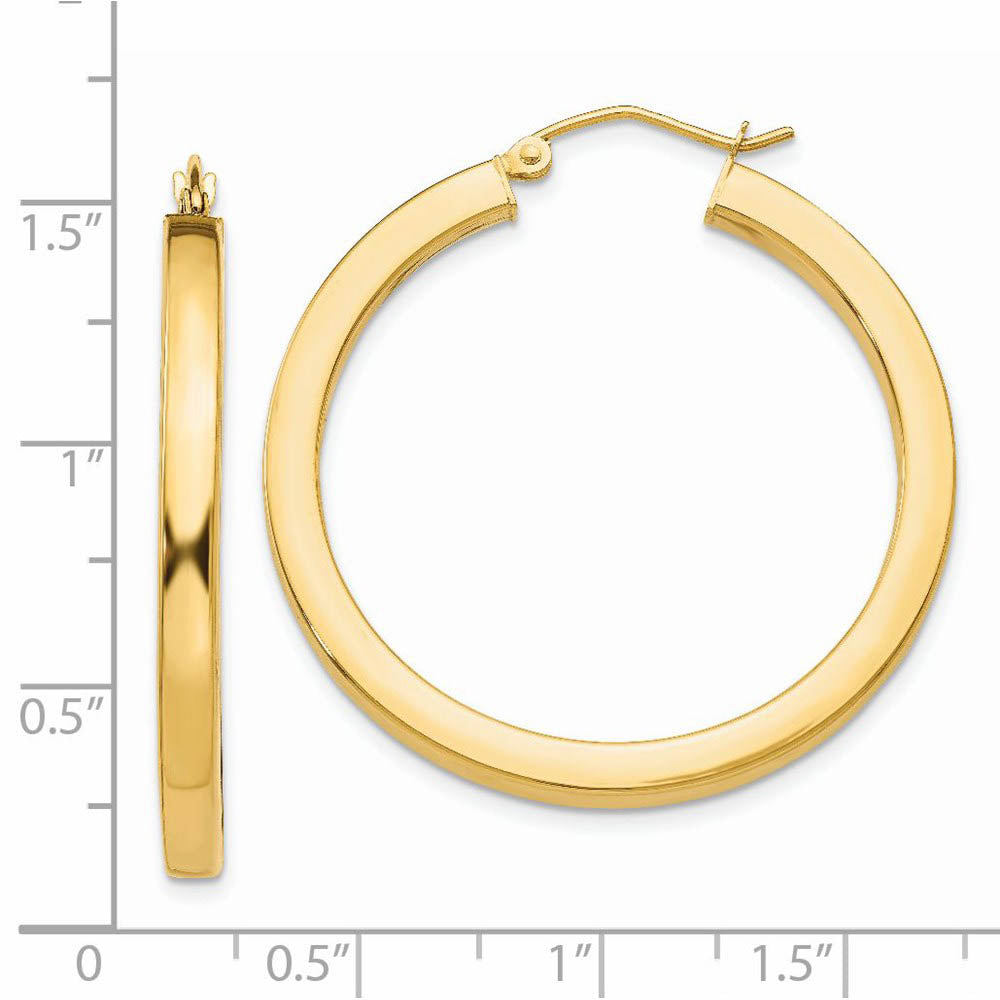 Alternate view of the 3mm, 14k Yellow Gold Square Tube Round Hoop Earrings, 35mm (1 3/8 In) by The Black Bow Jewelry Co.