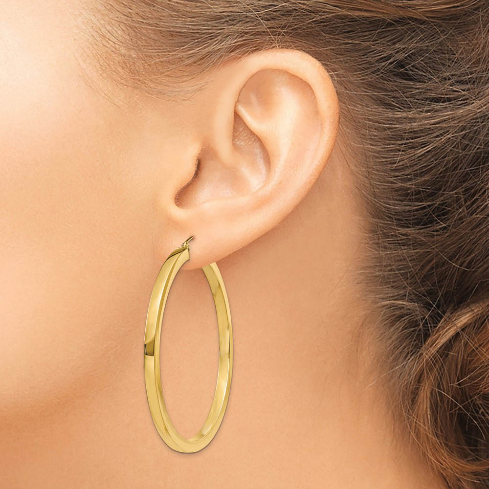 Alternate view of the 3mm, 14k Yellow Gold Square Tube Round Hoop Earrings, 50mm (1 7/8 In) by The Black Bow Jewelry Co.