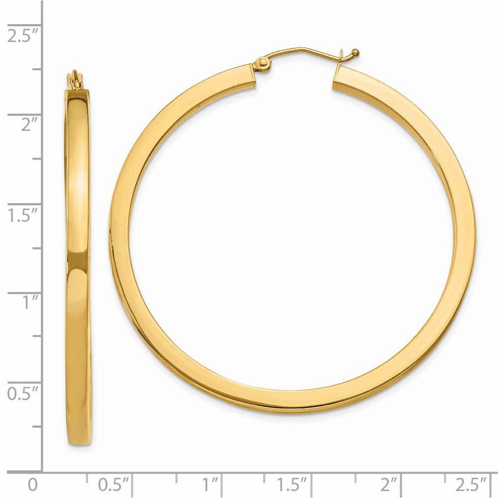 Alternate view of the 3mm, 14k Yellow Gold Square Tube Round Hoop Earrings, 50mm (1 7/8 In) by The Black Bow Jewelry Co.