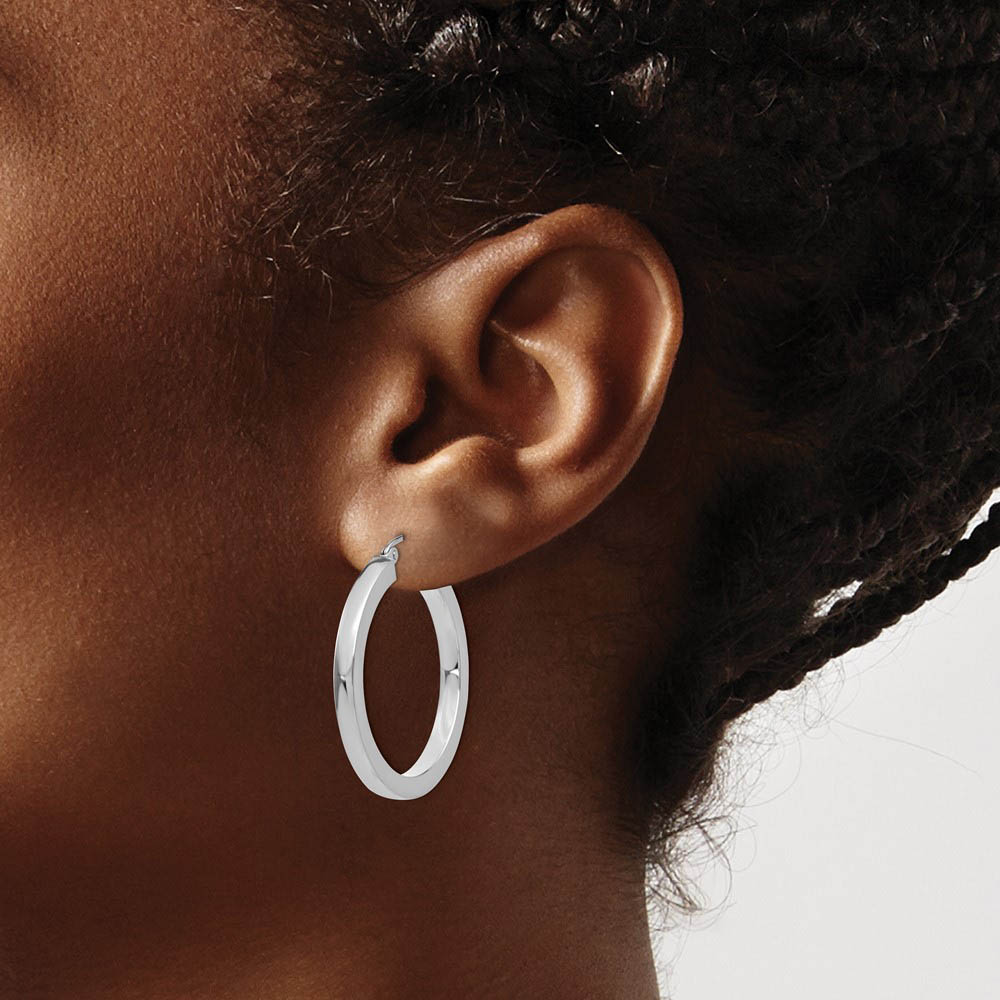 Alternate view of the 3mm, 14k White Gold Square Tube Round Hoop Earrings, 30mm (1 1/8 Inch) by The Black Bow Jewelry Co.