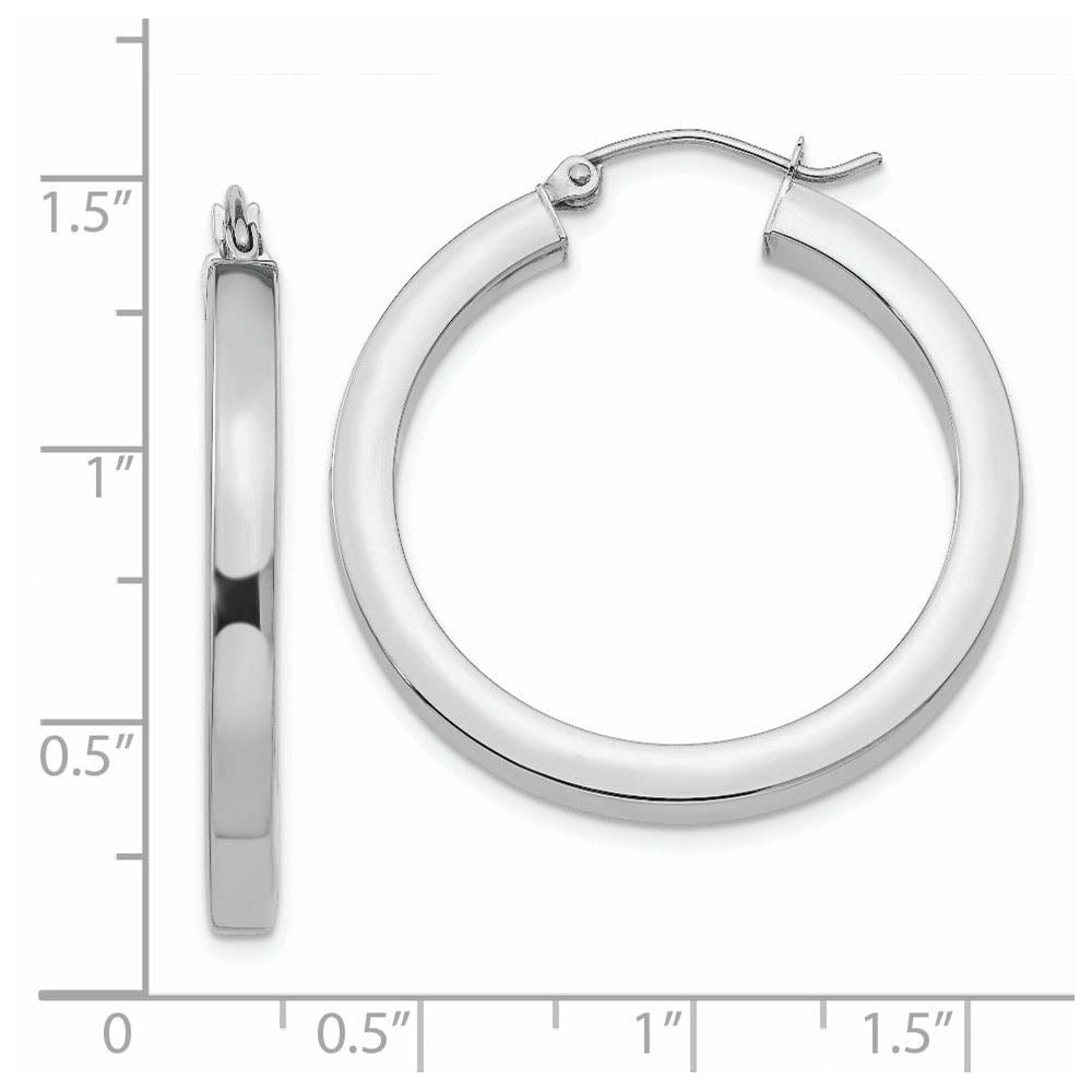 Alternate view of the 3mm, 14k White Gold Square Tube Round Hoop Earrings, 30mm (1 1/8 Inch) by The Black Bow Jewelry Co.