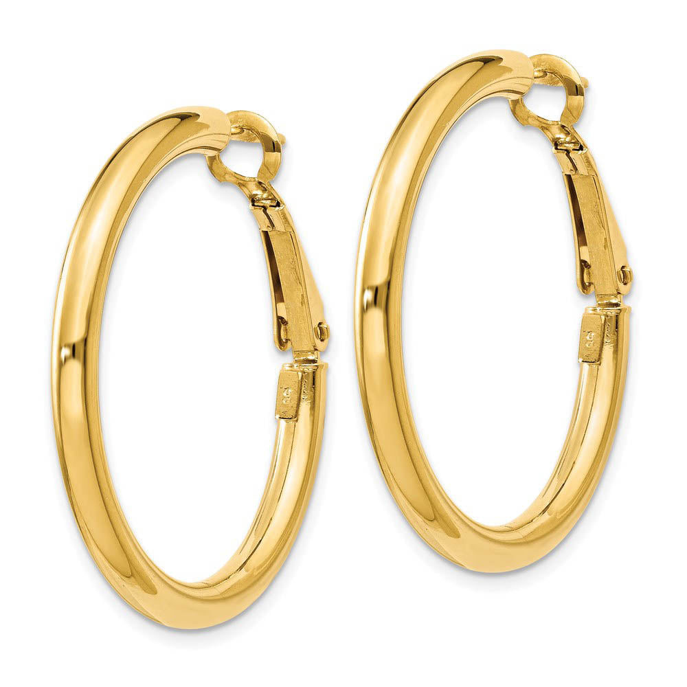 Alternate view of the 3mm, 14k Yellow Gold Omega Back Round Hoop Earrings, 30mm (1 1/8 Inch) by The Black Bow Jewelry Co.