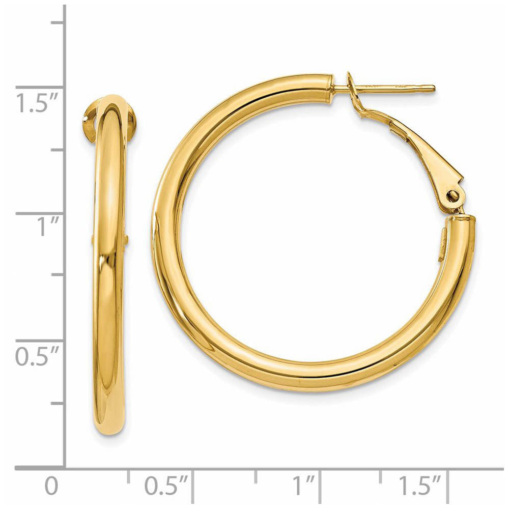 Alternate view of the 3mm, 14k Yellow Gold Omega Back Round Hoop Earrings, 30mm (1 1/8 Inch) by The Black Bow Jewelry Co.