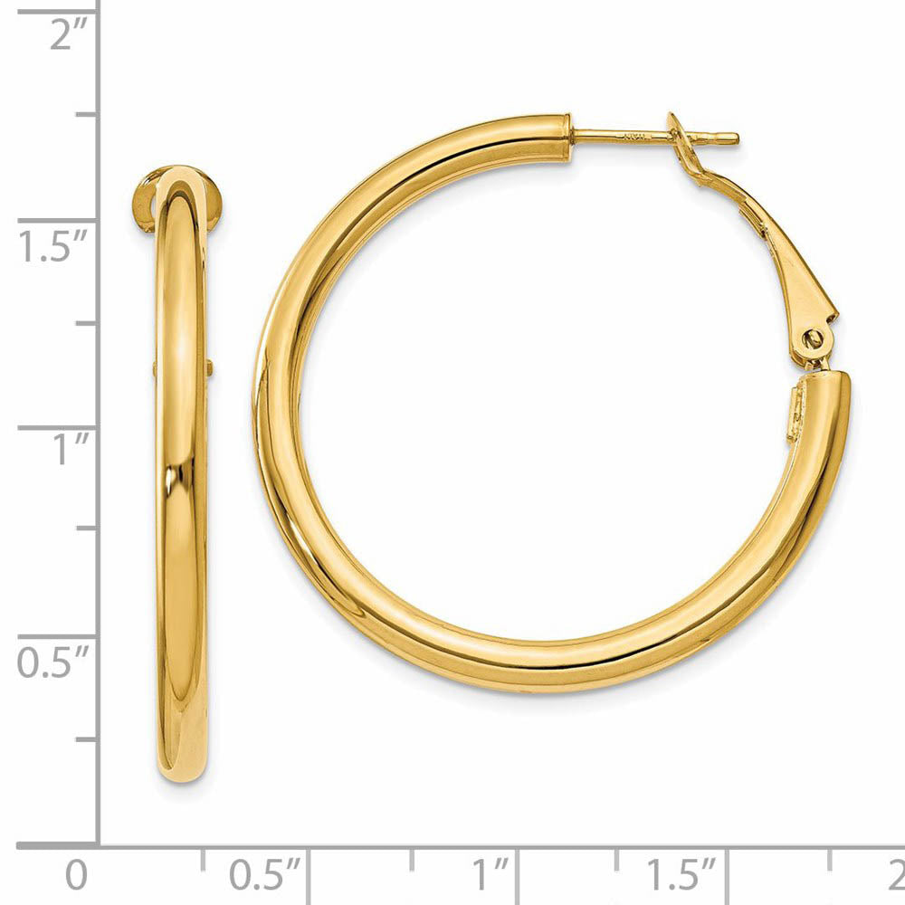 Alternate view of the 3mm, 14k Yellow Gold Omega Back Round Hoop Earrings, 35mm (1 3/8 Inch) by The Black Bow Jewelry Co.