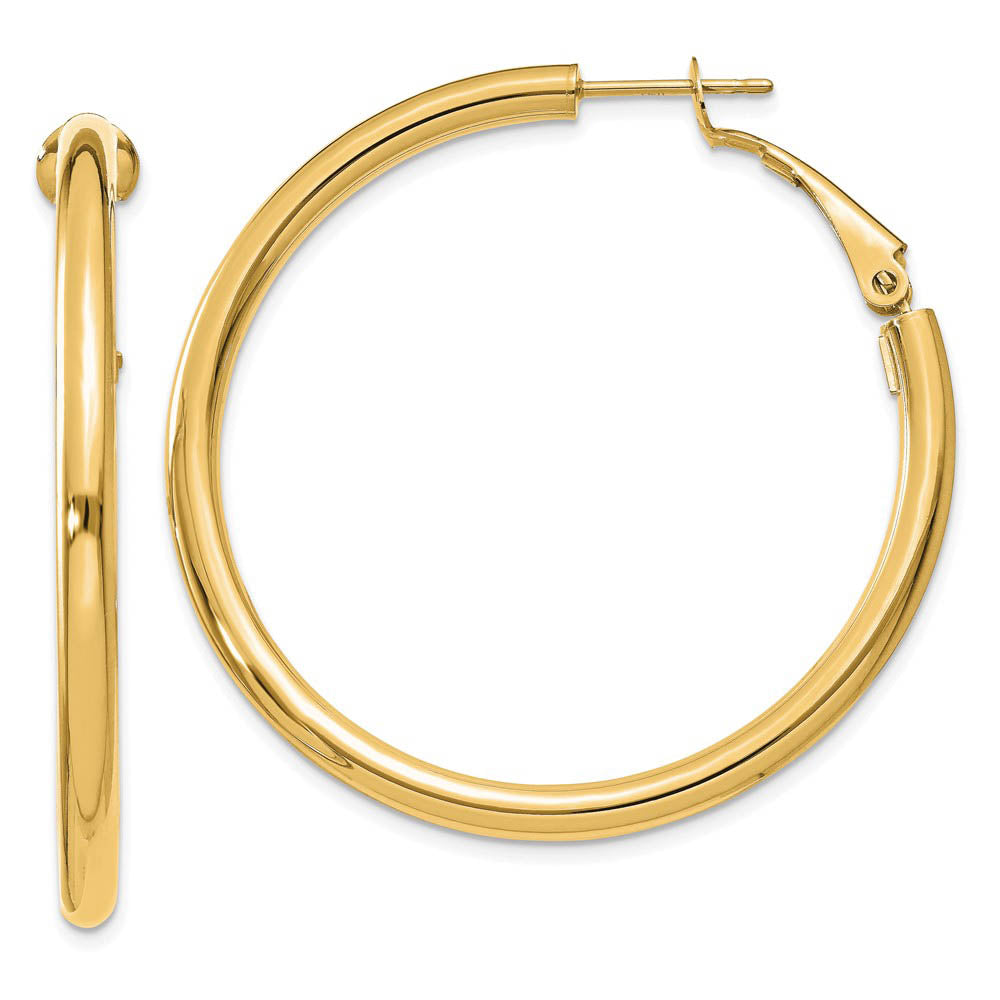 3mm, 14k Yellow Gold Omega Back Round Hoop Earrings, 40mm (1 1/2 Inch), Item E9915 by The Black Bow Jewelry Co.