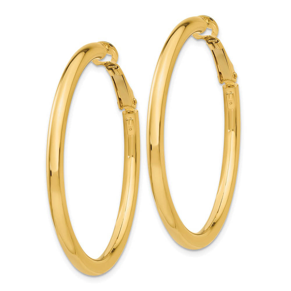 Alternate view of the 3mm, 14k Yellow Gold Omega Back Round Hoop Earrings, 40mm (1 1/2 Inch) by The Black Bow Jewelry Co.