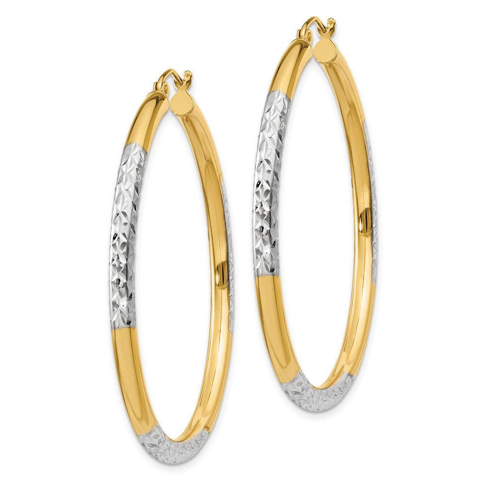 Alternate view of the 14k Gold and Rhodium Diamond Cut Round Hoop Earrings 45mm (1 3/4 Inch) by The Black Bow Jewelry Co.