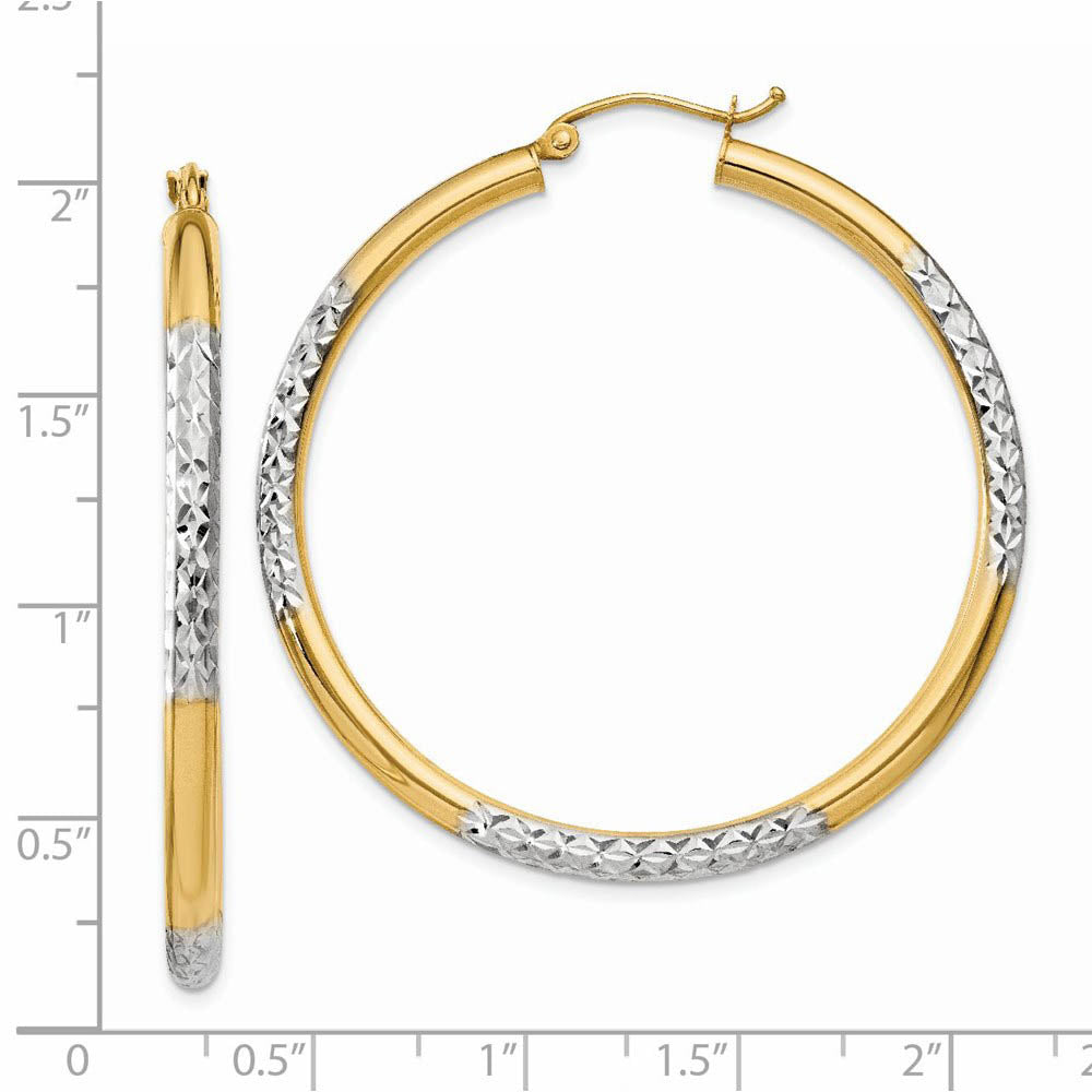 Alternate view of the 14k Gold and Rhodium Diamond Cut Round Hoop Earrings 45mm (1 3/4 Inch) by The Black Bow Jewelry Co.