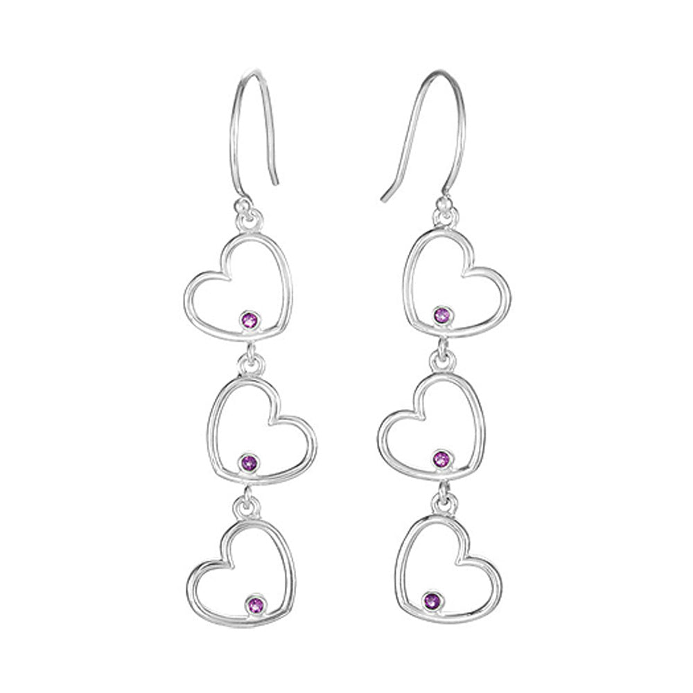 Triple Heart Amethyst Dangle Earrings in Sterling Silver, Item E9929 by The Black Bow Jewelry Co.