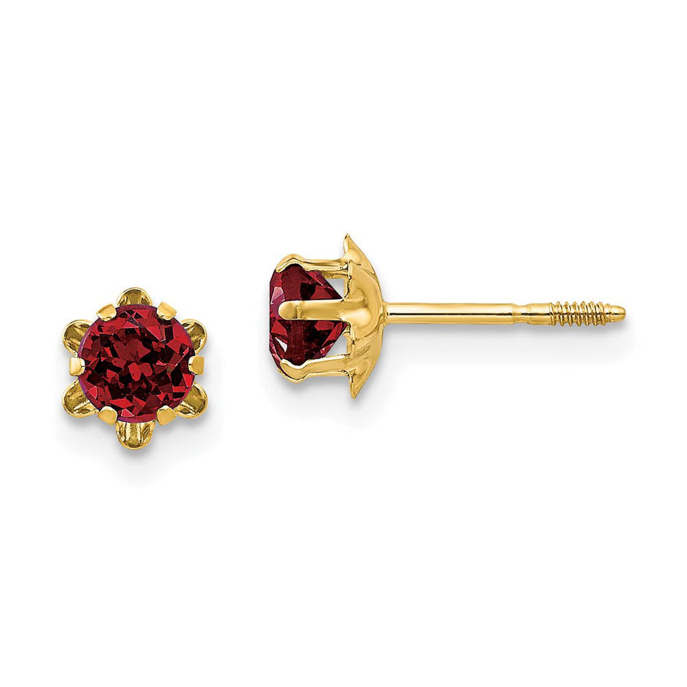 Kids 4mm Synthetic Garnet & 14k Yellow Gold Screw Back Stud Earrings, Item E9996 by The Black Bow Jewelry Co.