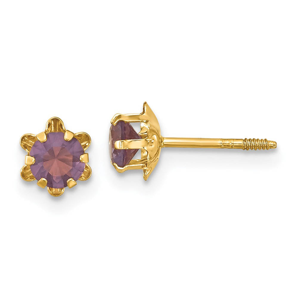 Kids 4mm Synthetic Amethyst & 14k Yellow Gold Screw Back Stud Earrings, Item E9997 by The Black Bow Jewelry Co.