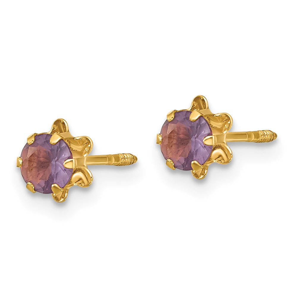 Alternate view of the Kids 4mm Synthetic Amethyst & 14k Yellow Gold Screw Back Stud Earrings by The Black Bow Jewelry Co.