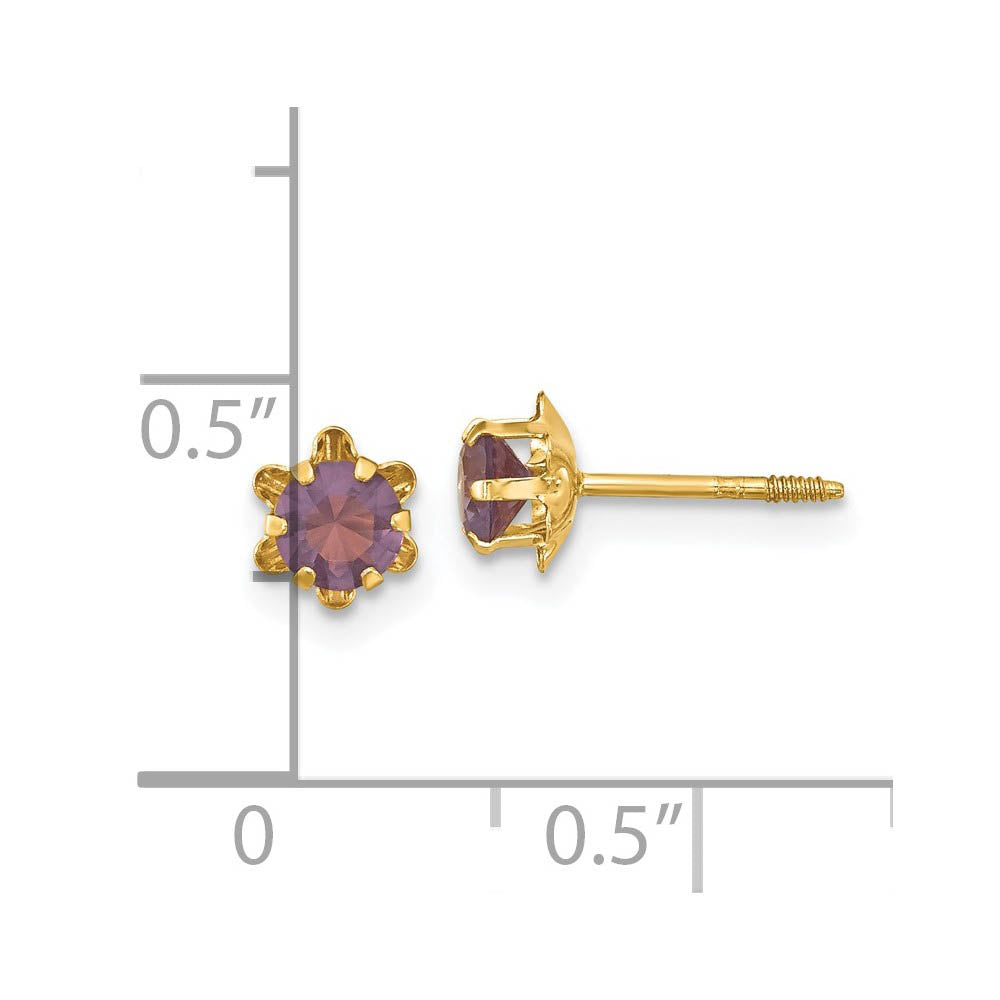Alternate view of the Kids 4mm Synthetic Amethyst & 14k Yellow Gold Screw Back Stud Earrings by The Black Bow Jewelry Co.