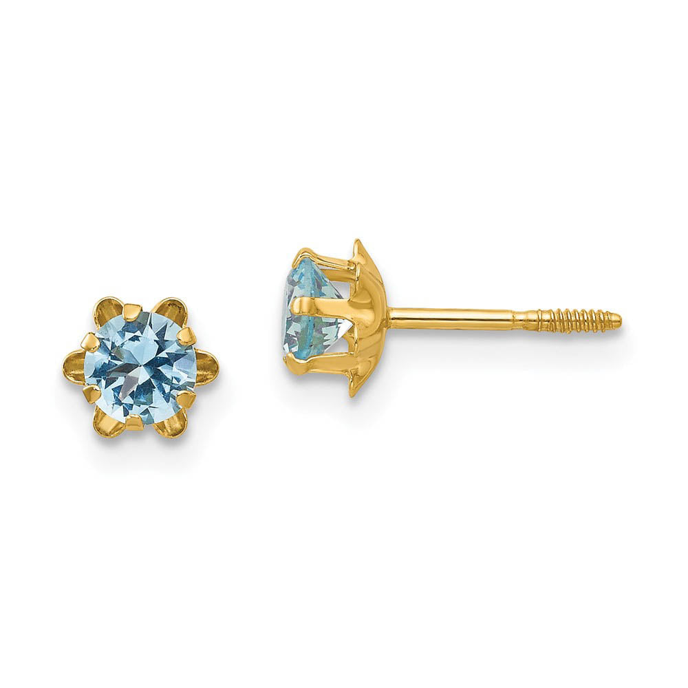 Kids 14k Yellow Gold 4mm Synthetic Aquamarine Screw Back Stud Earrings, Item E9998 by The Black Bow Jewelry Co.