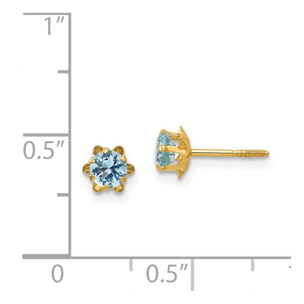 Alternate view of the Kids 14k Yellow Gold 4mm Synthetic Aquamarine Screw Back Stud Earrings by The Black Bow Jewelry Co.