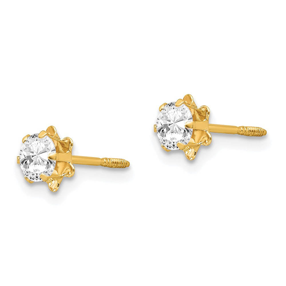 Alternate view of the Kids 4mm Synthetic White Topaz & 14k Yellow Gold Screw Back Earrings by The Black Bow Jewelry Co.