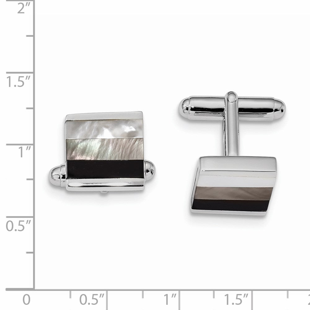 Alternate view of the Rhodium Plated Sterling Silver, Onyx & White/Grey MOP Cuff Links, 13mm by The Black Bow Jewelry Co.