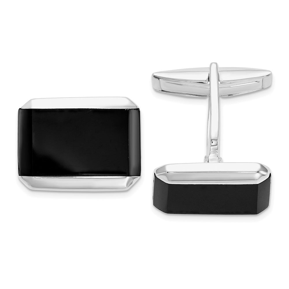 Rhodium Plated Sterling Silver & Black Onyx Cuff Links, 17 x 13mm, Item M11107 by The Black Bow Jewelry Co.