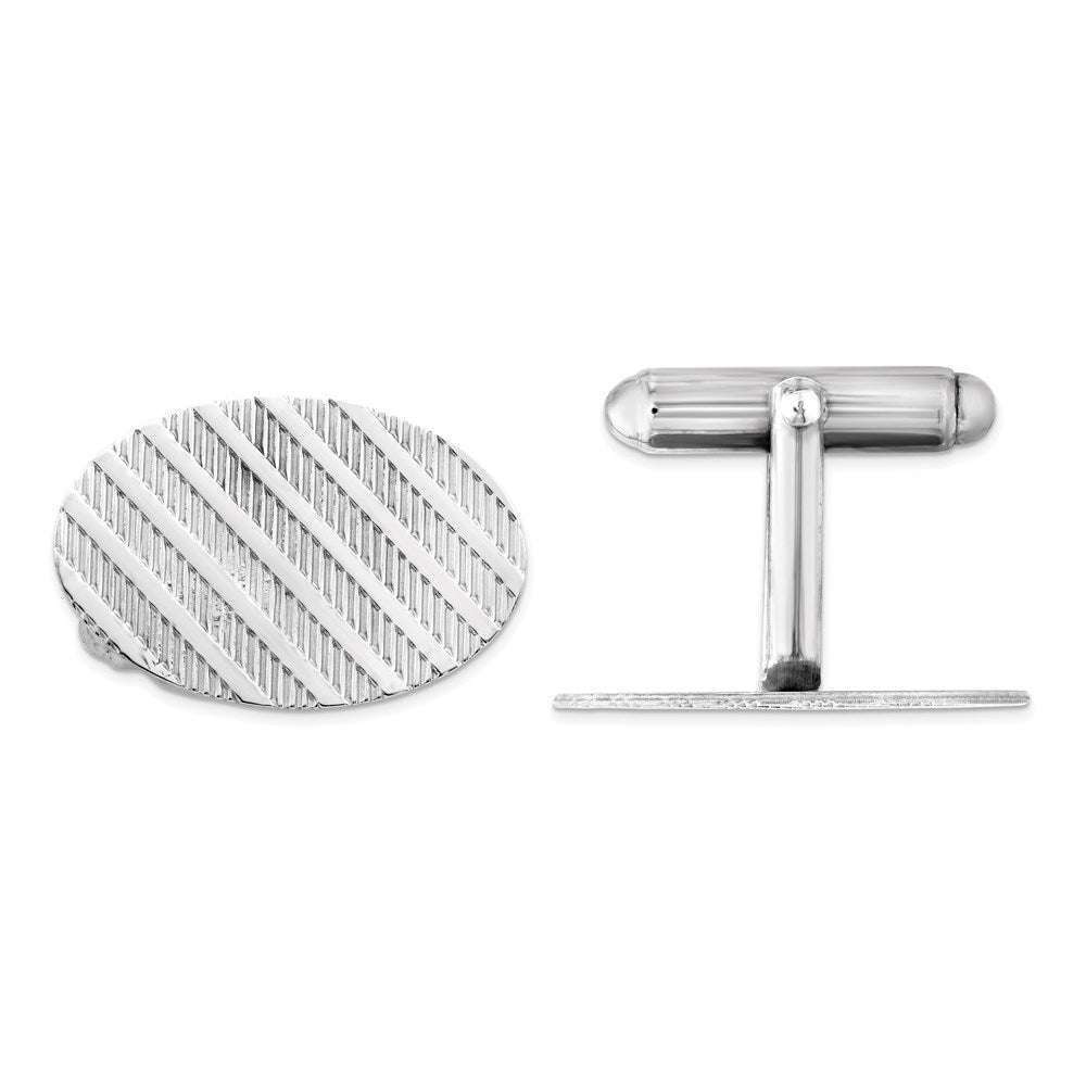 Rhodium Plated Sterling Silver Diagonal Stripe Oval Cuff Links 20x13mm, Item M11111 by The Black Bow Jewelry Co.