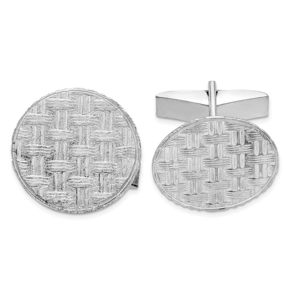 Rhodium Plated Sterling Silver Basketweave Round Cuff Links, 20mm, Item M11115 by The Black Bow Jewelry Co.