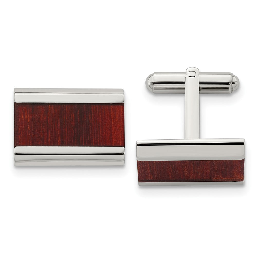 Stainless Steel Red Koa Wood Inlay Rectangle Cuff Links, 19 x 14mm, Item M11130 by The Black Bow Jewelry Co.
