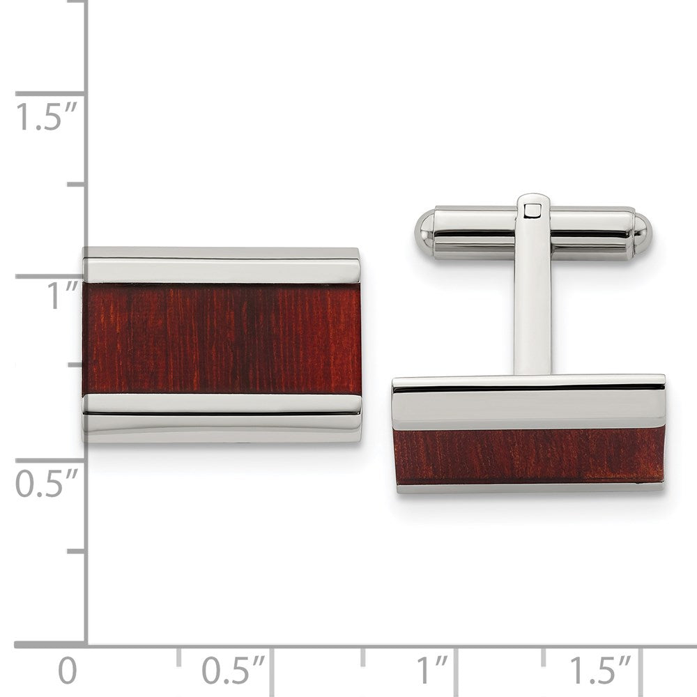 Alternate view of the Stainless Steel Red Koa Wood Inlay Rectangle Cuff Links, 19 x 14mm by The Black Bow Jewelry Co.