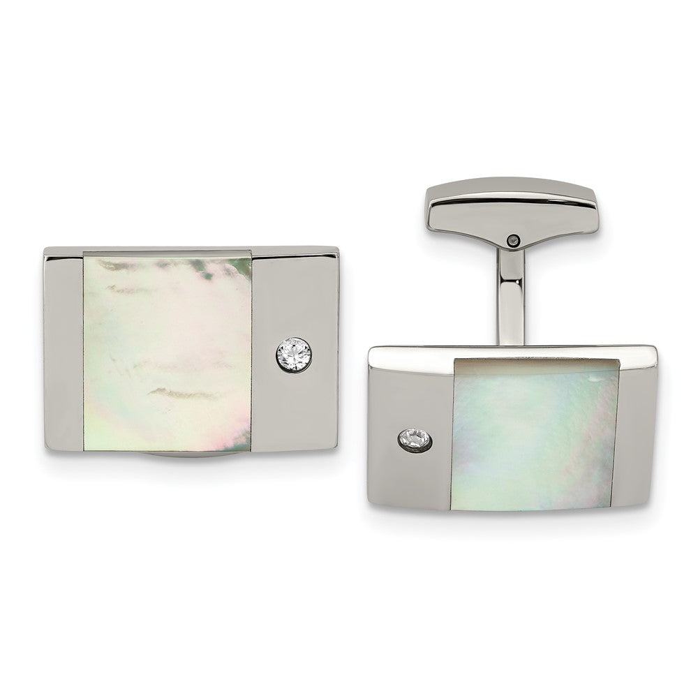 Stainless Steel, Mother of Pearl & CZ Rectangle Cuff Links, 22 x 14mm, Item M11137 by The Black Bow Jewelry Co.