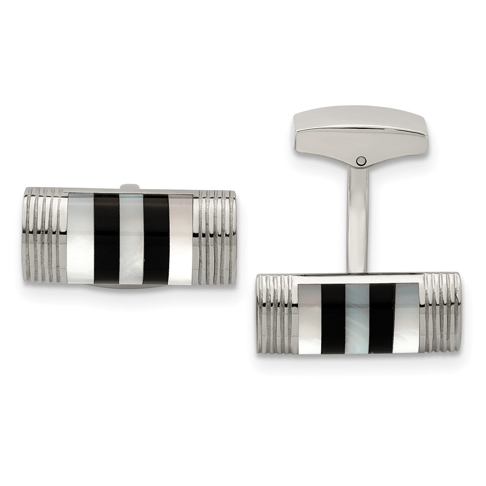 Stainless Steel, Mother of Pearl & Onyx Rectangle Cuff Links, 21 x 9mm, Item M11138 by The Black Bow Jewelry Co.