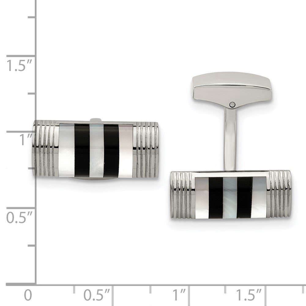 Alternate view of the Stainless Steel, Mother of Pearl & Onyx Rectangle Cuff Links, 21 x 9mm by The Black Bow Jewelry Co.