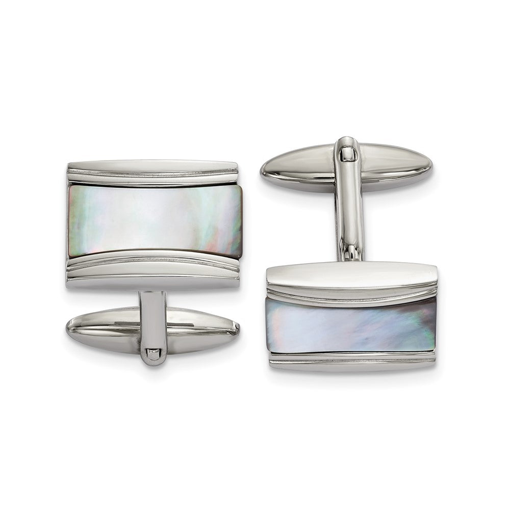 Stainless Steel & White Mother of Pearl Rectangle Cuff Links, 19x13mm, Item M11141 by The Black Bow Jewelry Co.