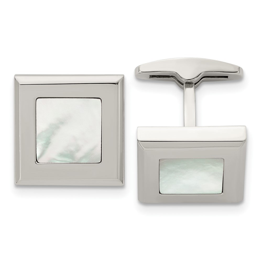 Stainless Steel & White Mother of Pearl Square Cuff Links, 18mm, Item M11143 by The Black Bow Jewelry Co.