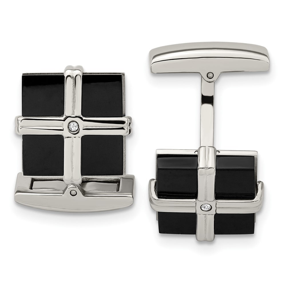 Stainless Steel, Black Plated & CZ Square Cuff Links, 17mm, Item M11146 by The Black Bow Jewelry Co.