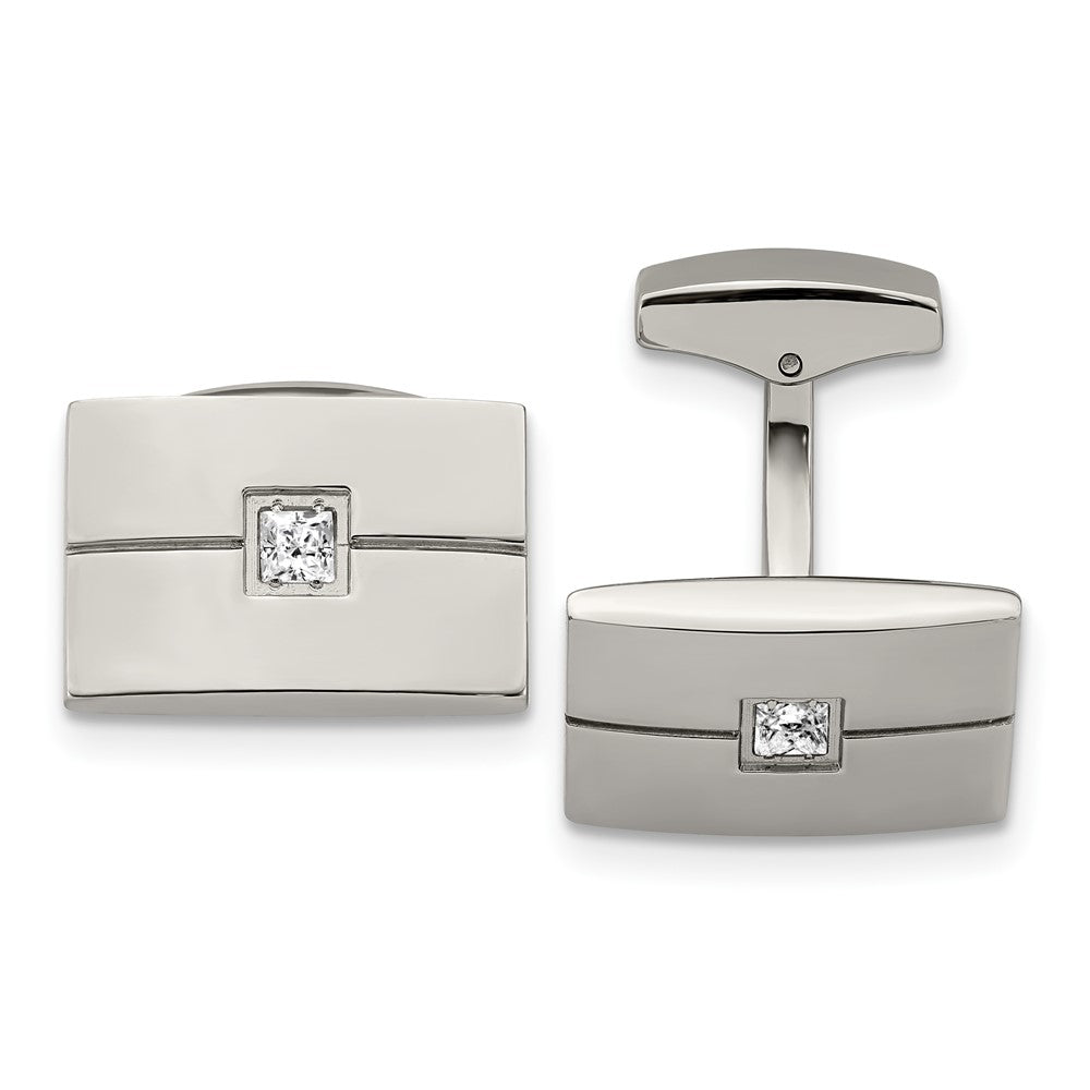 Stainless Steel & Princess CZ Rectangle Cuff Links, 19 x 12mm, Item M11148 by The Black Bow Jewelry Co.