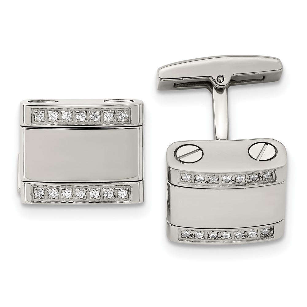 Stainless Steel & CZ Rounded Rectangular Cuff Links, 16 x 13mm, Item M11149 by The Black Bow Jewelry Co.