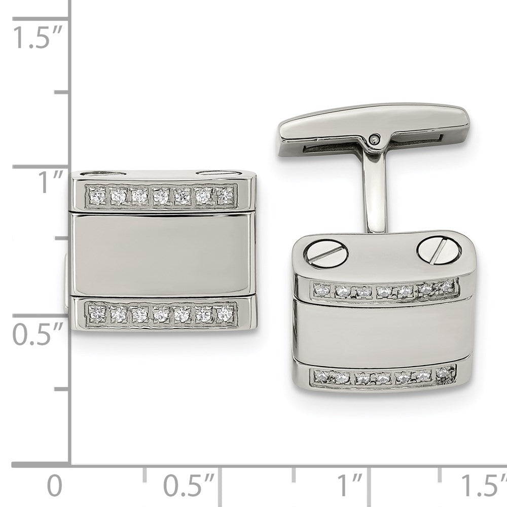 Alternate view of the Stainless Steel & CZ Rounded Rectangular Cuff Links, 16 x 13mm by The Black Bow Jewelry Co.