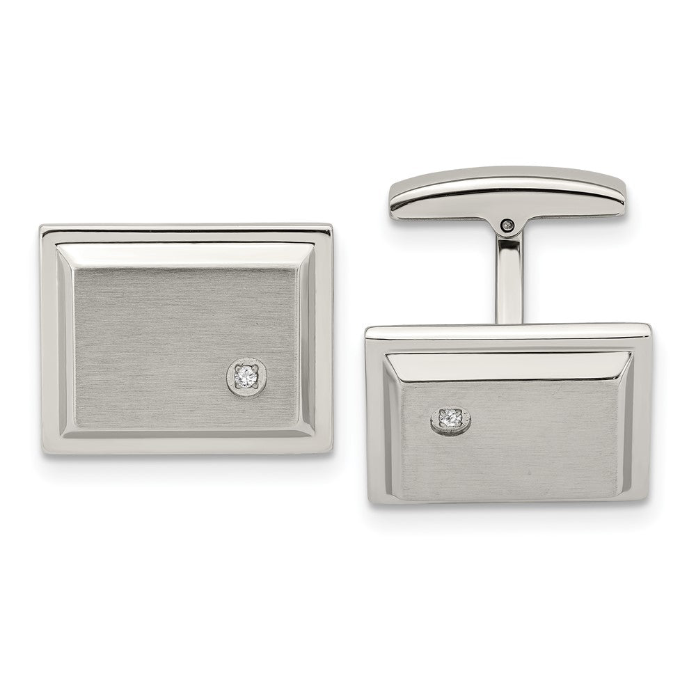 Stainless Steel & CZ Brushed & Polished Rectangle Cuff Links, 21x16mm, Item M11153 by The Black Bow Jewelry Co.