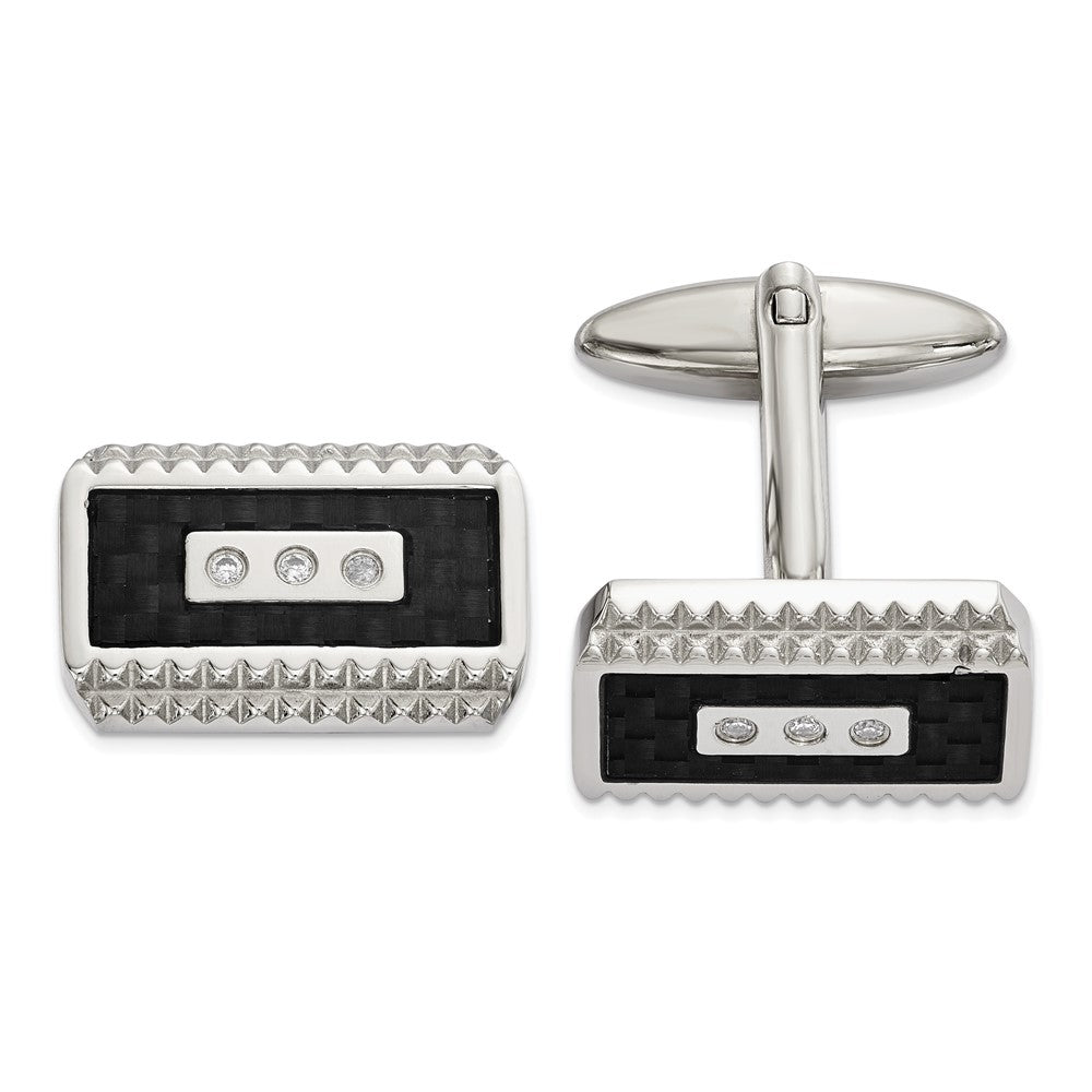 Stainless Steel Black Carbon Fiber & CZ Rectangle Cuff Links, 20x11mm, Item M11155 by The Black Bow Jewelry Co.