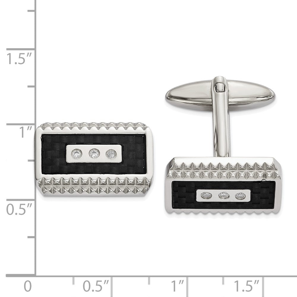 Alternate view of the Stainless Steel Black Carbon Fiber & CZ Rectangle Cuff Links, 20x11mm by The Black Bow Jewelry Co.